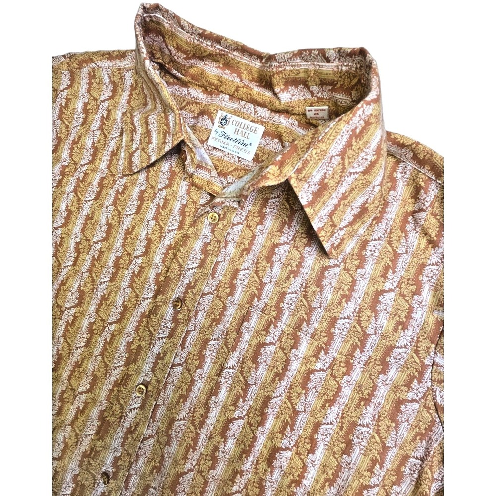Vtg 70s Fleetline COLLEGE HALL Shirt Bold Print‎ Rounded Fly Collar Men's Size L